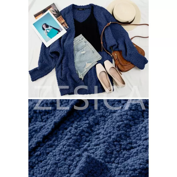 ZESICA Womens 2024 Fall Winter Popcorn Long Sleeve Open Front Chunky Knit Oversized Cardigan Sweater CoatNavy