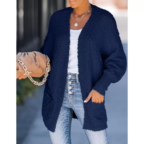 ZESICA Womens 2024 Fall Winter Popcorn Long Sleeve Open Front Chunky Knit Oversized Cardigan Sweater CoatNavy