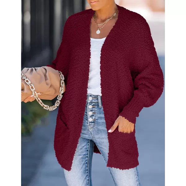 ZESICA Womens 2024 Fall Winter Popcorn Long Sleeve Open Front Chunky Knit Oversized Cardigan Sweater CoatWine