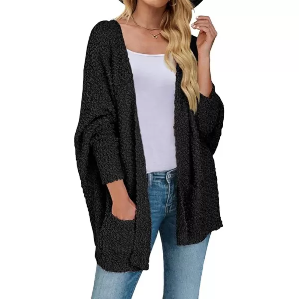 ZESICA Womens 2024 Fall Winter Popcorn Long Sleeve Open Front Chunky Knit Oversized Cardigan Sweater CoatBlack