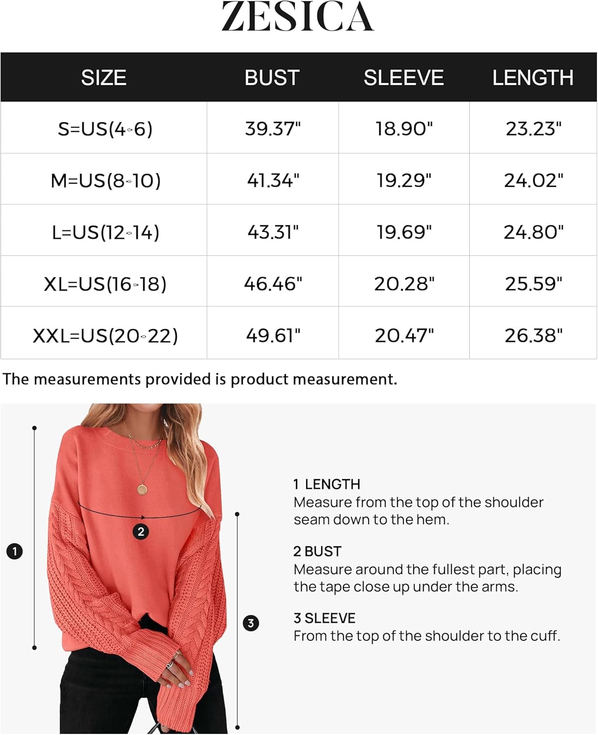ZESICA Womens 2024 Fall Long Sleeve Crew Neck Solid Color Cable Knit Chunky Casual Oversized Pullover Sweater TopsCoral