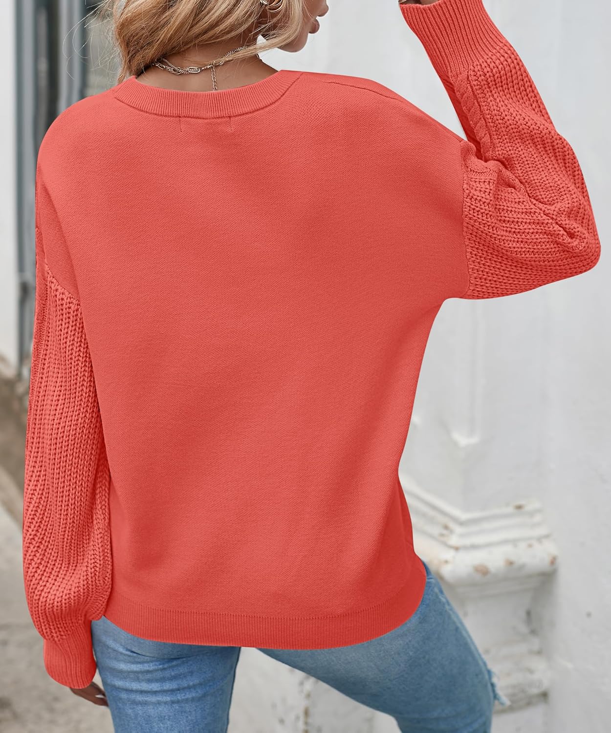 ZESICA Womens 2024 Fall Long Sleeve Crew Neck Solid Color Cable Knit Chunky Casual Oversized Pullover Sweater TopsCoral