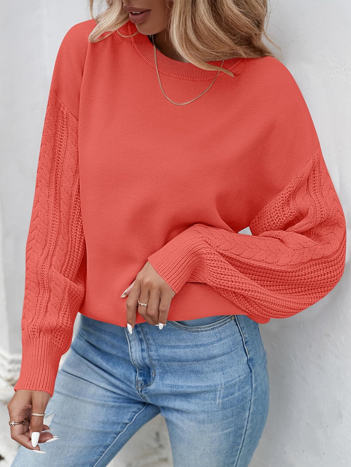 ZESICA Womens 2024 Fall Long Sleeve Crew Neck Solid Color Cable Knit Chunky Casual Oversized Pullover Sweater TopsCoral