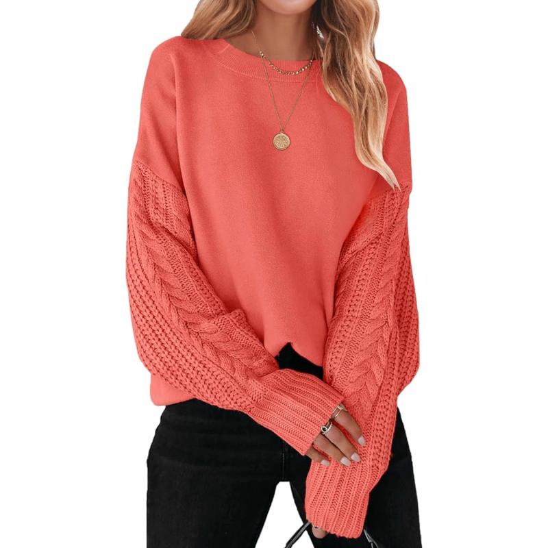 ZESICA Womens 2024 Fall Long Sleeve Crew Neck Solid Color Cable Knit Chunky Casual Oversized Pullover Sweater TopsCoral