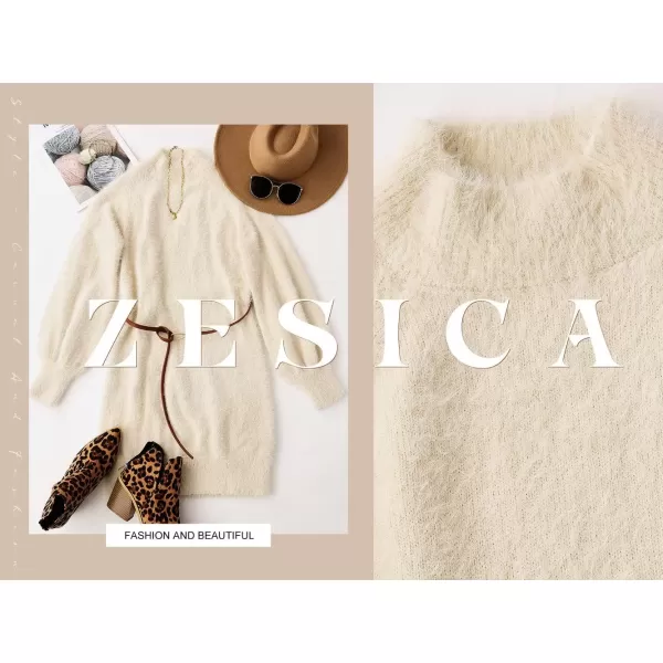 ZESICA Womens 2024 Casual Turtleneck Long Puff Sleeve Soft Fuzzy Knit Bodycon Pullover Mini Sweater DressApricot