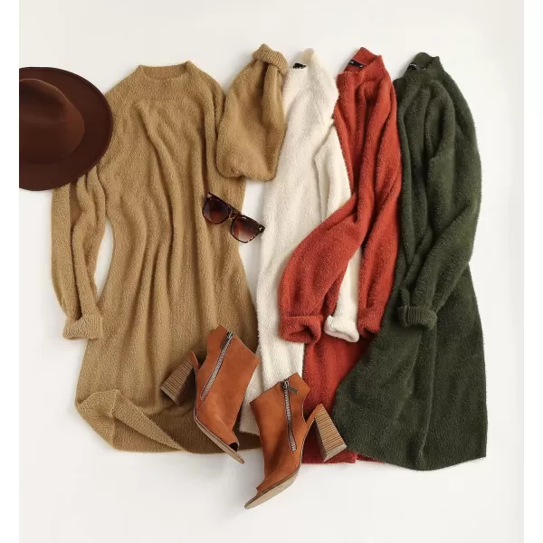 ZESICA Womens 2024 Casual Turtleneck Long Puff Sleeve Soft Fuzzy Knit Bodycon Pullover Mini Sweater DressArmygreen