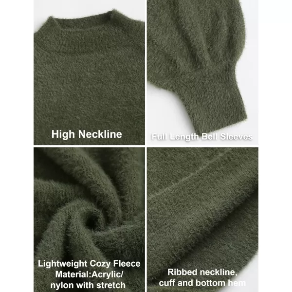ZESICA Womens 2024 Casual Turtleneck Long Puff Sleeve Soft Fuzzy Knit Bodycon Pullover Mini Sweater DressArmygreen