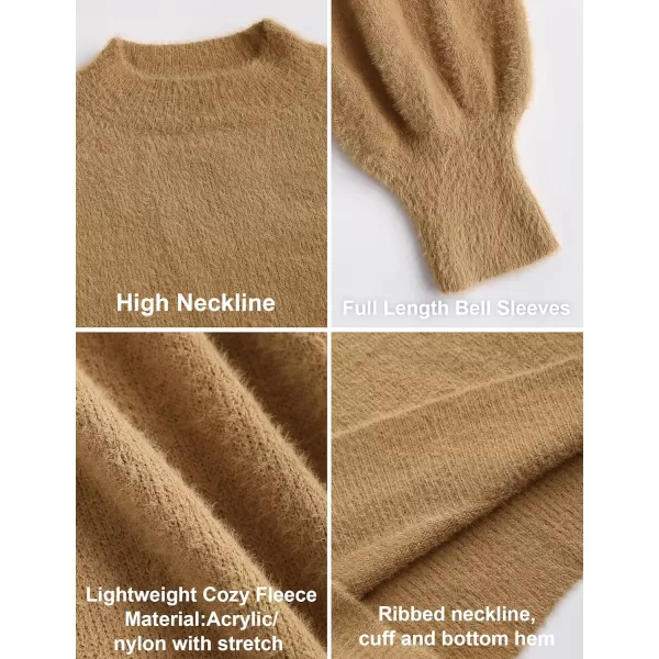 ZESICA Womens 2024 Casual Turtleneck Long Puff Sleeve Soft Fuzzy Knit Bodycon Pullover Mini Sweater DressCamel