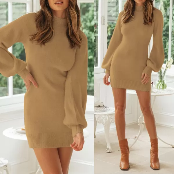 ZESICA Womens 2024 Casual Turtleneck Long Puff Sleeve Soft Fuzzy Knit Bodycon Pullover Mini Sweater DressCamel