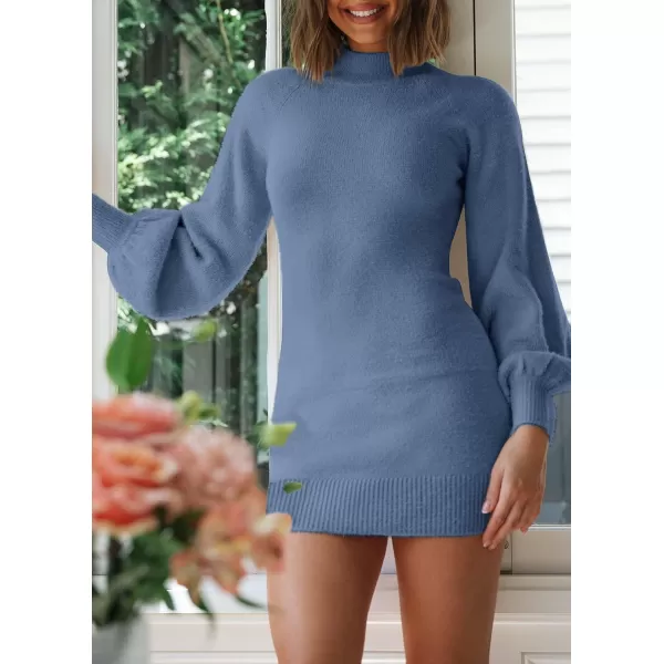 ZESICA Womens 2024 Casual Turtleneck Long Puff Sleeve Soft Fuzzy Knit Bodycon Pullover Mini Sweater DressDarkblue