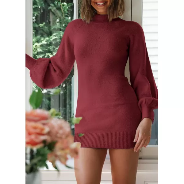 ZESICA Womens 2024 Casual Turtleneck Long Puff Sleeve Soft Fuzzy Knit Bodycon Pullover Mini Sweater DressDarkred