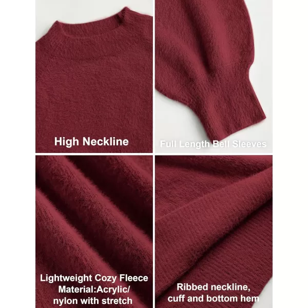 ZESICA Womens 2024 Casual Turtleneck Long Puff Sleeve Soft Fuzzy Knit Bodycon Pullover Mini Sweater DressDarkred