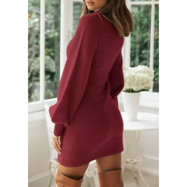 ZESICA Womens 2024 Casual Turtleneck Long Puff Sleeve Soft Fuzzy Knit Bodycon Pullover Mini Sweater DressDarkred