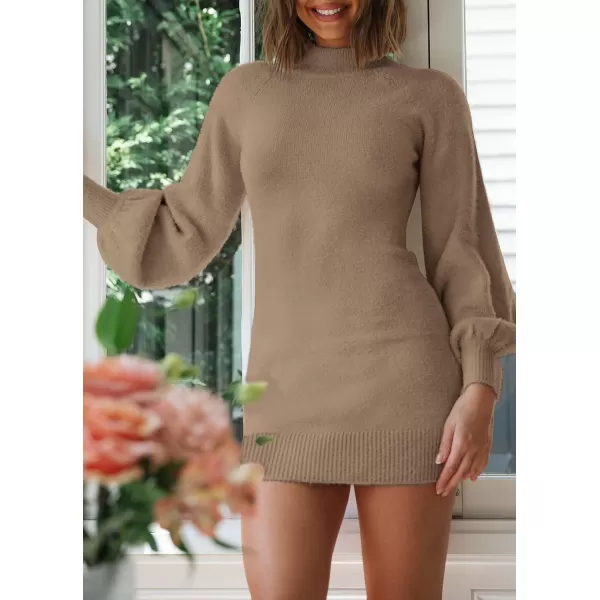 ZESICA Womens 2024 Casual Turtleneck Long Puff Sleeve Soft Fuzzy Knit Bodycon Pullover Mini Sweater DressKhaki