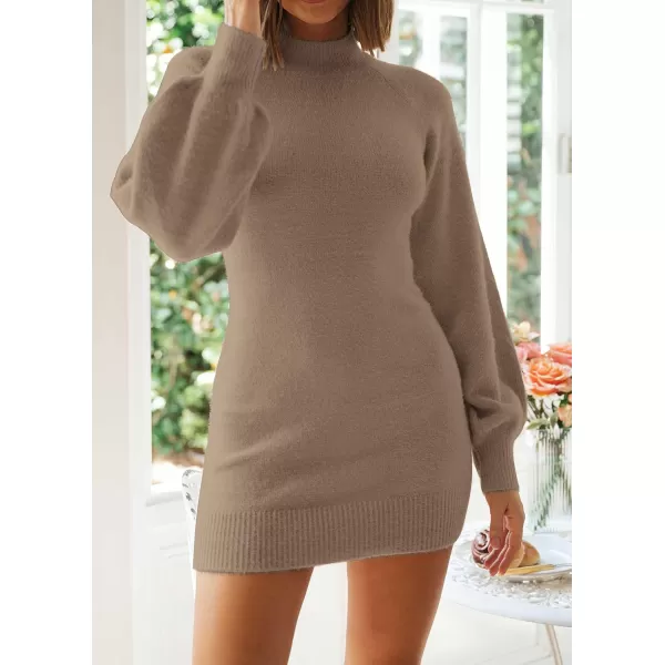 ZESICA Womens 2024 Casual Turtleneck Long Puff Sleeve Soft Fuzzy Knit Bodycon Pullover Mini Sweater DressKhaki