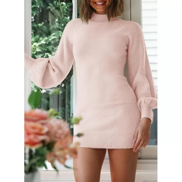 ZESICA Womens 2024 Casual Turtleneck Long Puff Sleeve Soft Fuzzy Knit Bodycon Pullover Mini Sweater DressLightpink