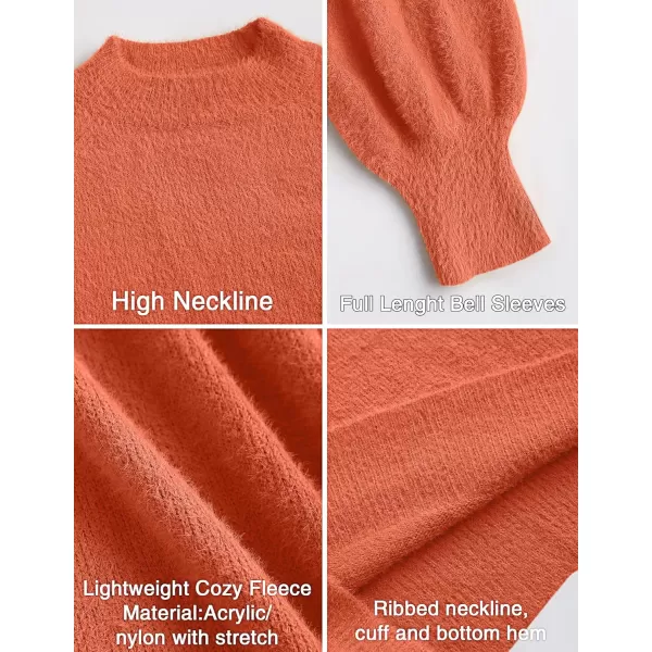 ZESICA Womens 2024 Casual Turtleneck Long Puff Sleeve Soft Fuzzy Knit Bodycon Pullover Mini Sweater DressOrange