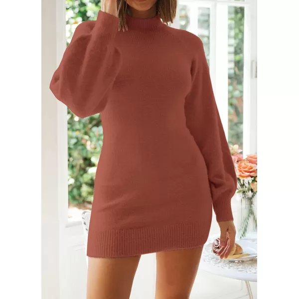 ZESICA Womens 2024 Casual Turtleneck Long Puff Sleeve Soft Fuzzy Knit Bodycon Pullover Mini Sweater DressRust