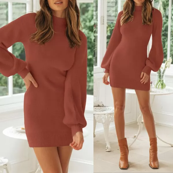 ZESICA Womens 2024 Casual Turtleneck Long Puff Sleeve Soft Fuzzy Knit Bodycon Pullover Mini Sweater DressRust