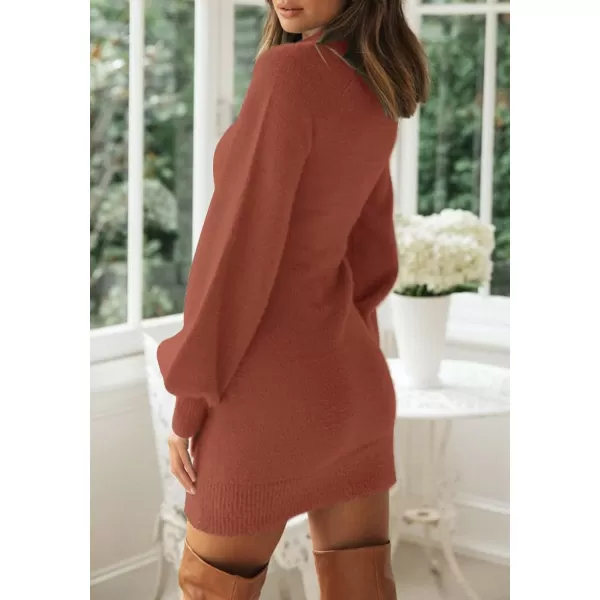 ZESICA Womens 2024 Casual Turtleneck Long Puff Sleeve Soft Fuzzy Knit Bodycon Pullover Mini Sweater DressRust