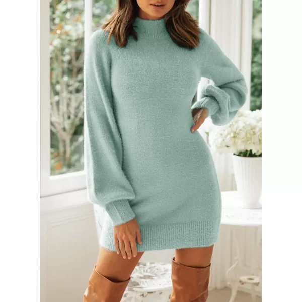 ZESICA Womens 2024 Casual Turtleneck Long Puff Sleeve Soft Fuzzy Knit Bodycon Pullover Mini Sweater DressSage