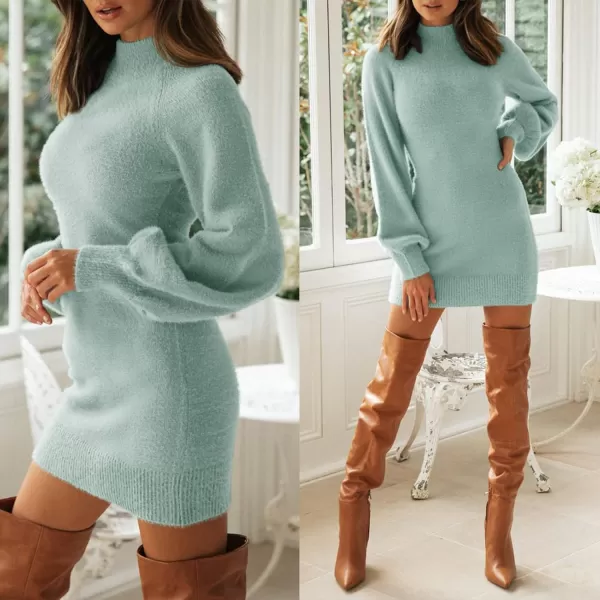 ZESICA Womens 2024 Casual Turtleneck Long Puff Sleeve Soft Fuzzy Knit Bodycon Pullover Mini Sweater DressSage