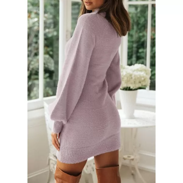 ZESICA Womens 2024 Casual Turtleneck Long Puff Sleeve Soft Fuzzy Knit Bodycon Pullover Mini Sweater DressTaro