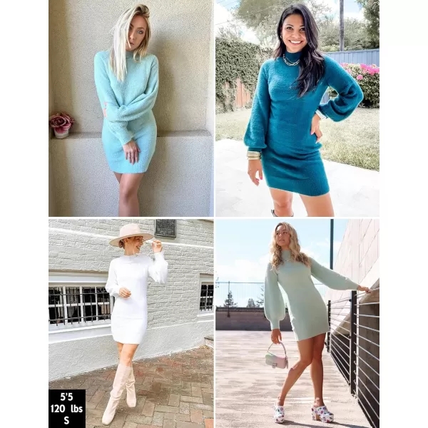 ZESICA Womens 2024 Casual Turtleneck Long Puff Sleeve Soft Fuzzy Knit Bodycon Pullover Mini Sweater DressTaro