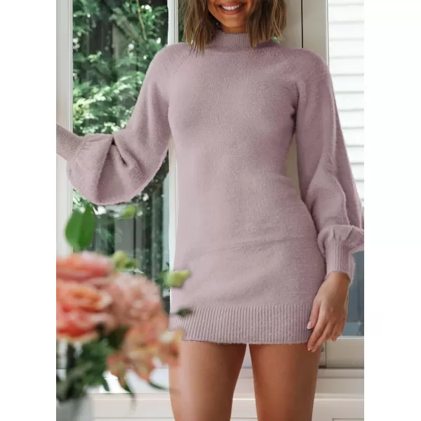 ZESICA Womens 2024 Casual Turtleneck Long Puff Sleeve Soft Fuzzy Knit Bodycon Pullover Mini Sweater DressTaro