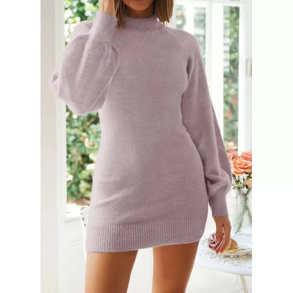 ZESICA Womens 2024 Casual Turtleneck Long Puff Sleeve Soft Fuzzy Knit Bodycon Pullover Mini Sweater DressTaro