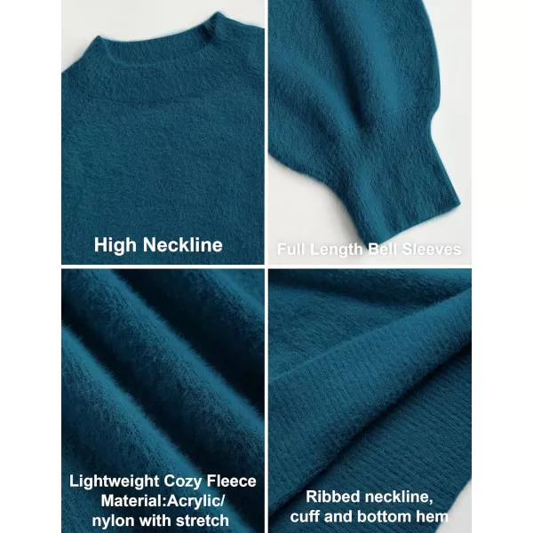 ZESICA Womens 2024 Casual Turtleneck Long Puff Sleeve Soft Fuzzy Knit Bodycon Pullover Mini Sweater DressTeal