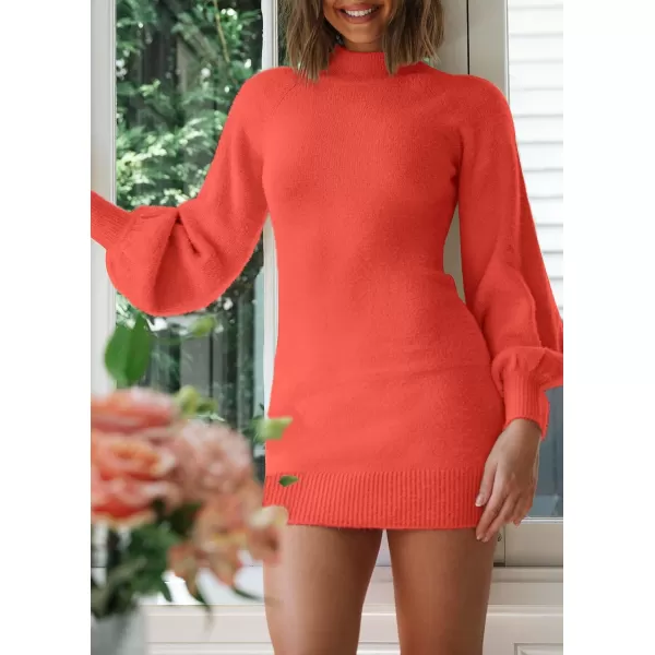 ZESICA Womens 2024 Casual Turtleneck Long Puff Sleeve Soft Fuzzy Knit Bodycon Pullover Mini Sweater DressTomato