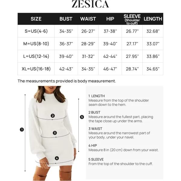 ZESICA Womens 2024 Casual Turtleneck Long Puff Sleeve Soft Fuzzy Knit Bodycon Pullover Mini Sweater DressWhite
