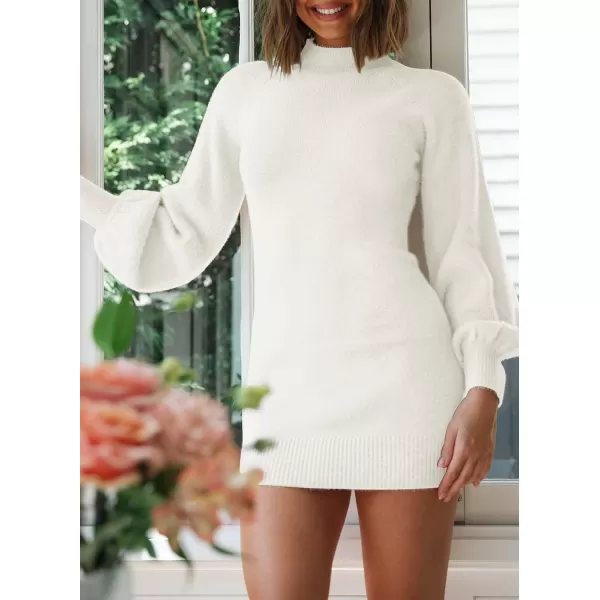 ZESICA Womens 2024 Casual Turtleneck Long Puff Sleeve Soft Fuzzy Knit Bodycon Pullover Mini Sweater DressWhite