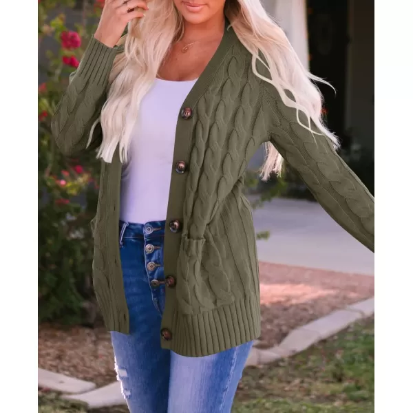 ZESICA Womens 2024 Fall Casual Long Sleeve Button Down Open Front Cable Knit Cardigan Sweater CoatArmygreen