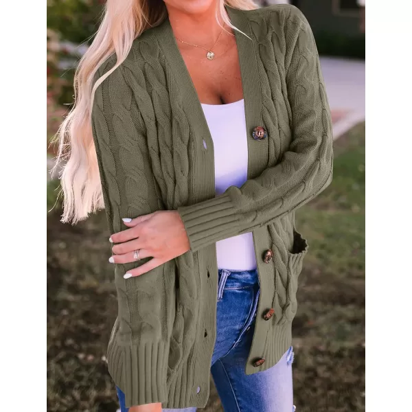ZESICA Womens 2024 Fall Casual Long Sleeve Button Down Open Front Cable Knit Cardigan Sweater CoatArmygreen