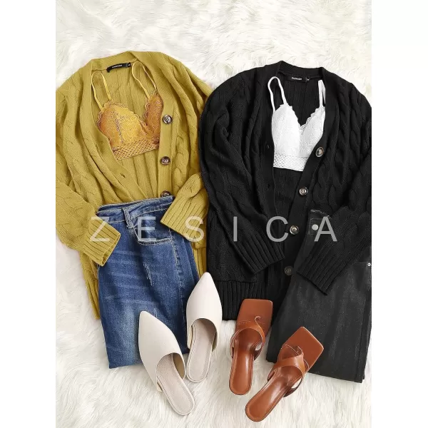 ZESICA Womens 2024 Fall Casual Long Sleeve Button Down Open Front Cable Knit Cardigan Sweater CoatBlack2