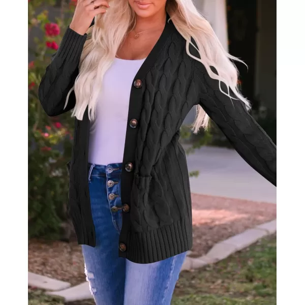 ZESICA Womens 2024 Fall Casual Long Sleeve Button Down Open Front Cable Knit Cardigan Sweater CoatBlack2