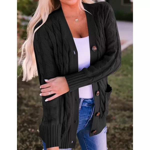 ZESICA Womens 2024 Fall Casual Long Sleeve Button Down Open Front Cable Knit Cardigan Sweater CoatBlack2