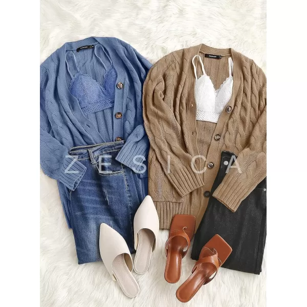 ZESICA Womens 2024 Fall Casual Long Sleeve Button Down Open Front Cable Knit Cardigan Sweater CoatBlue