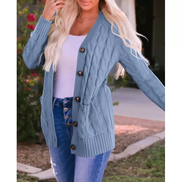 ZESICA Womens 2024 Fall Casual Long Sleeve Button Down Open Front Cable Knit Cardigan Sweater CoatBlue