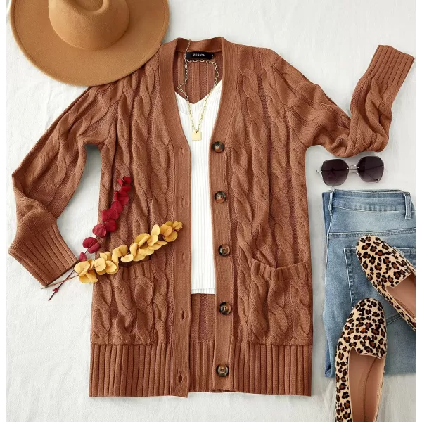ZESICA Womens 2024 Fall Casual Long Sleeve Button Down Open Front Cable Knit Cardigan Sweater CoatBrown