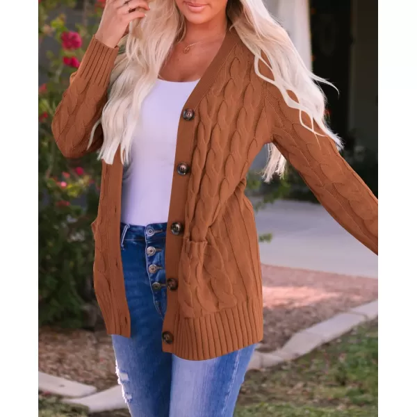 ZESICA Womens 2024 Fall Casual Long Sleeve Button Down Open Front Cable Knit Cardigan Sweater CoatBrown