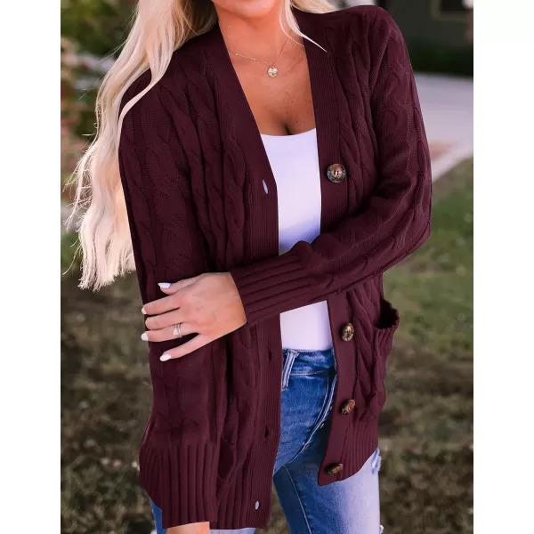 ZESICA Womens 2024 Fall Casual Long Sleeve Button Down Open Front Cable Knit Cardigan Sweater CoatBurgundy