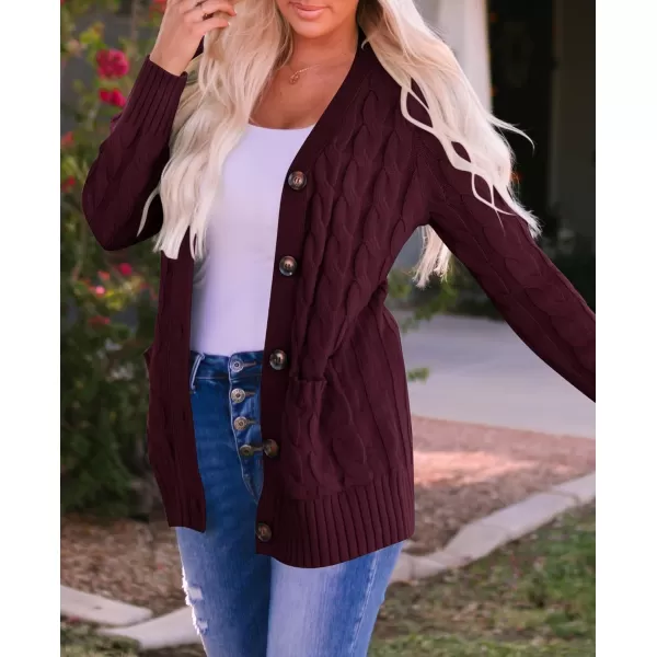 ZESICA Womens 2024 Fall Casual Long Sleeve Button Down Open Front Cable Knit Cardigan Sweater CoatBurgundy