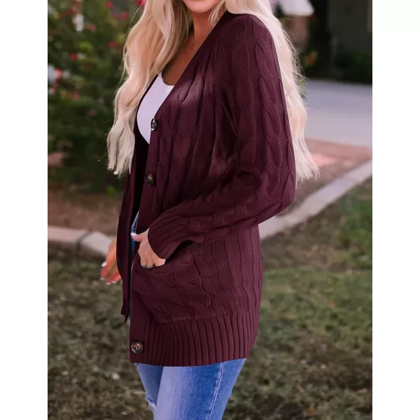 ZESICA Womens 2024 Fall Casual Long Sleeve Button Down Open Front Cable Knit Cardigan Sweater CoatBurgundy