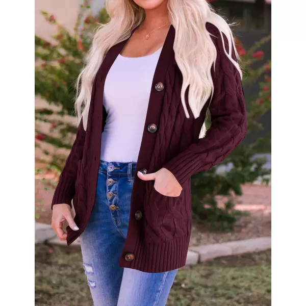 ZESICA Womens 2024 Fall Casual Long Sleeve Button Down Open Front Cable Knit Cardigan Sweater CoatBurgundy