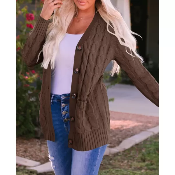 ZESICA Womens 2024 Fall Casual Long Sleeve Button Down Open Front Cable Knit Cardigan Sweater CoatCoffee
