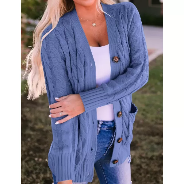 ZESICA Womens 2024 Fall Casual Long Sleeve Button Down Open Front Cable Knit Cardigan Sweater CoatDustyblue