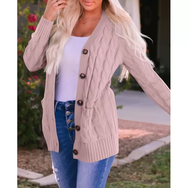 ZESICA Womens 2024 Fall Casual Long Sleeve Button Down Open Front Cable Knit Cardigan Sweater CoatDustypink